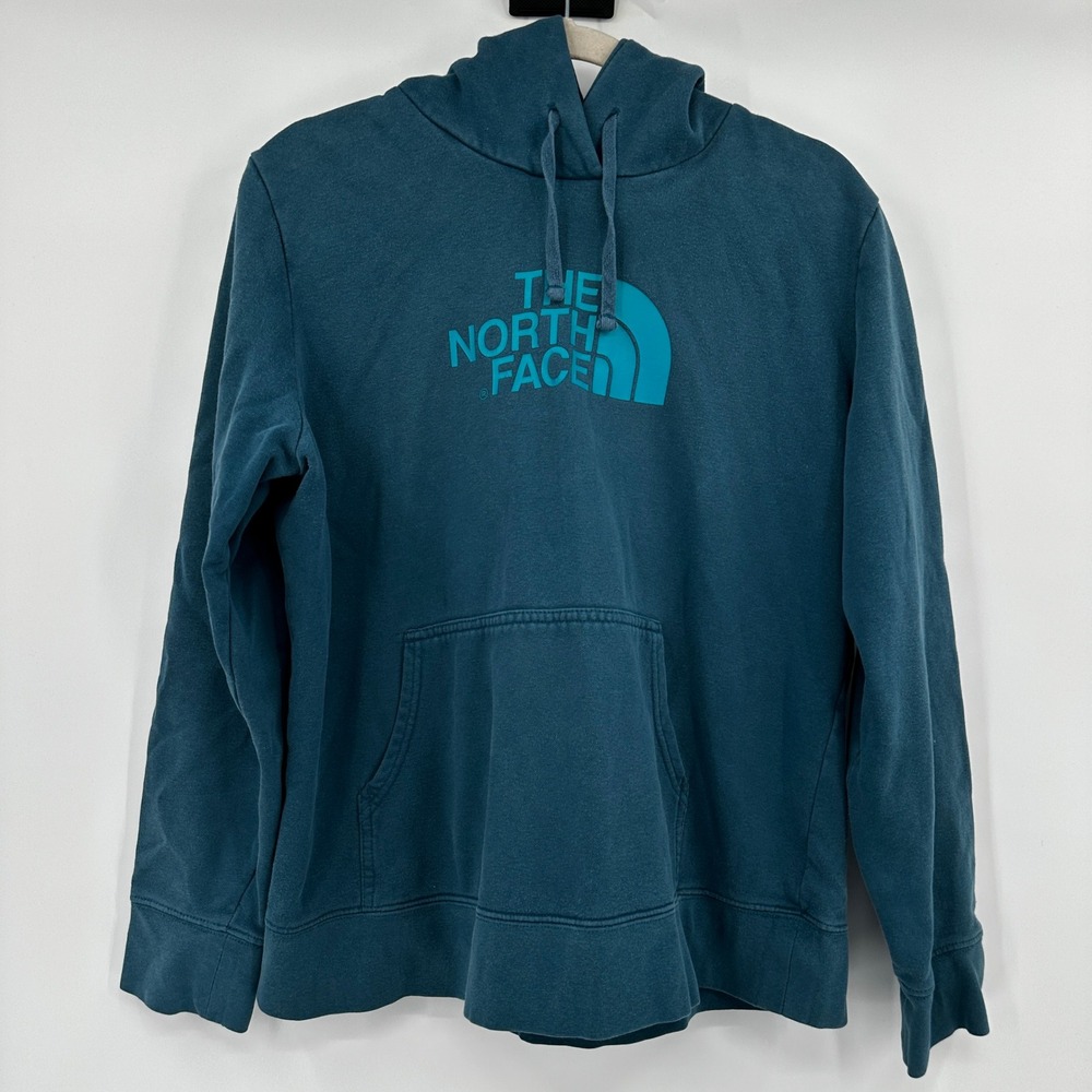 The North Face Women XL Pullover Hoodie Teal Blue Logo Fleece Sweatshirt Camping
